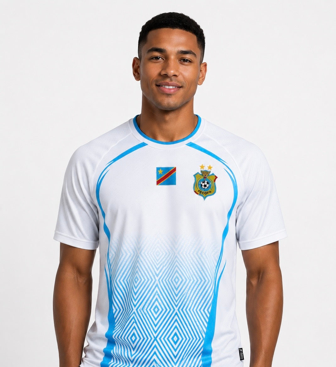 White. New Leopards Jersey. 2026 Jersey New DRC National soccer team . Nouvelles Vareuses RDC. Léopards du Congo . Congolese soccer . Congo jersey. Congo shirt . Congo maillot de football. Equipe nationale du Congo. CAF Congo Kinshasa