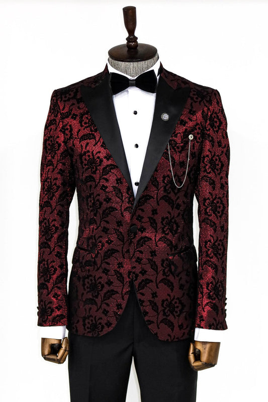 Burgundy Slim Fit Prom Blazer | Velvet Floral Pattern
