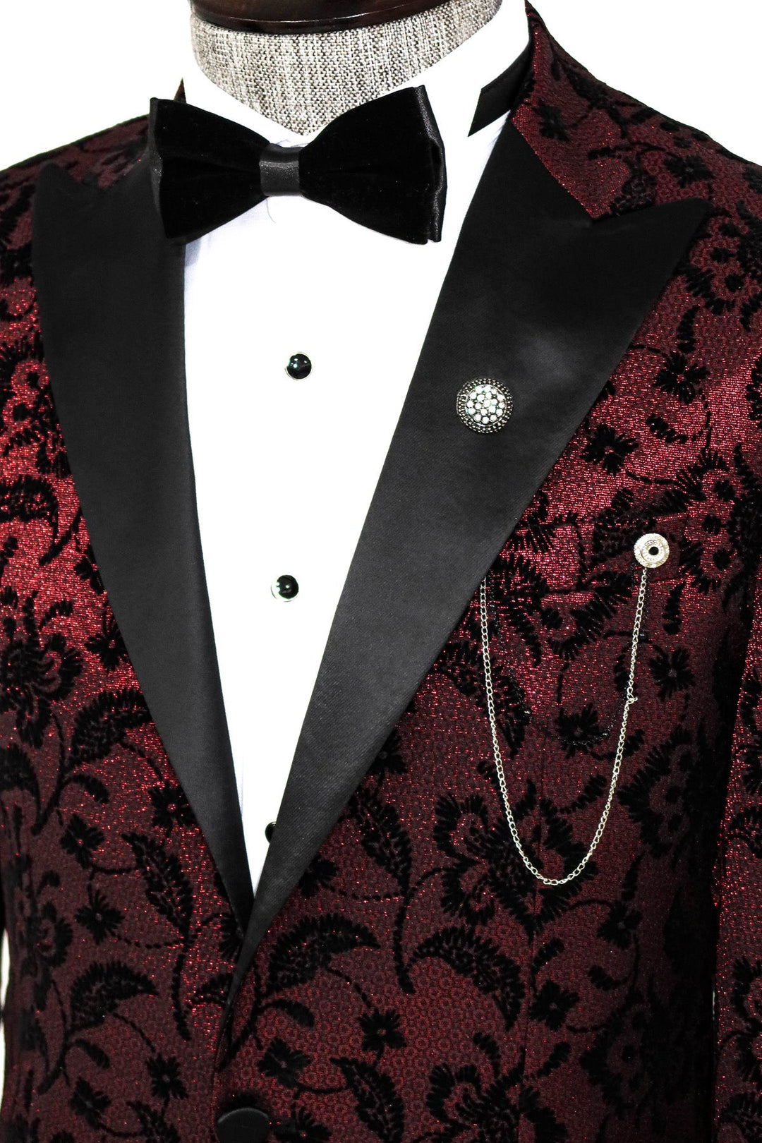 Burgundy Slim Fit Prom Blazer | Velvet Floral Pattern