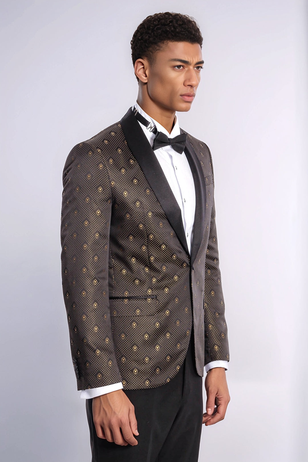 Black Slim Fit Tuxedo Jacket | Gold Dot Pattern