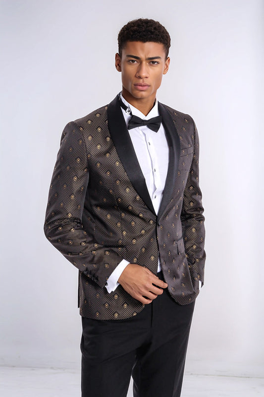 Black Slim Fit Tuxedo Jacket | Gold Dot Pattern
