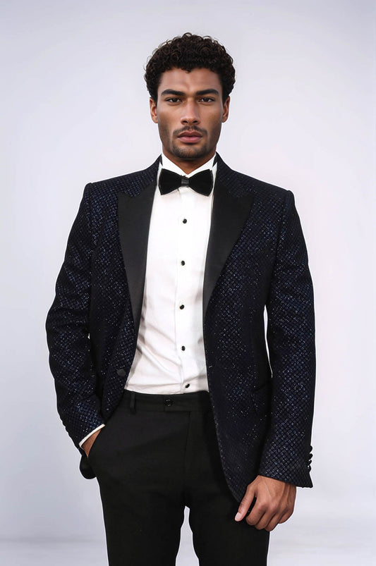 Navy Slim Fit Prom Blazer | Black Diamond Pattern