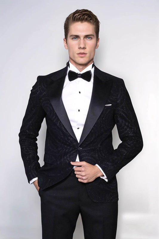 Navy Slim Fit Prom Blazer | Black Textured Overlay