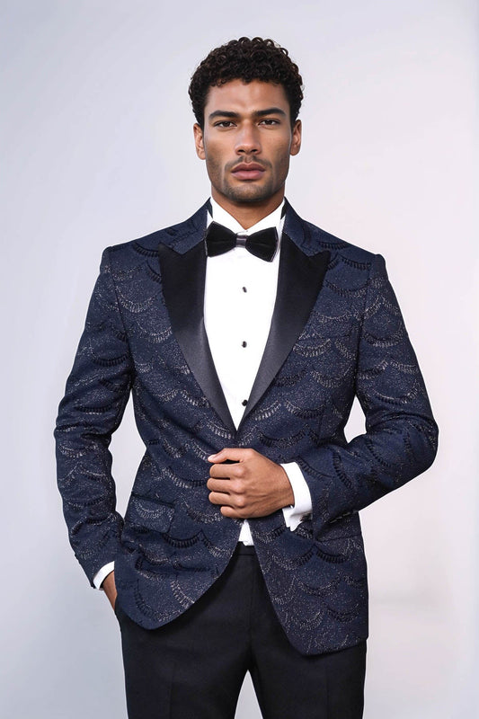 Navy Slim Fit Prom Blazer | Art Deco Pattern