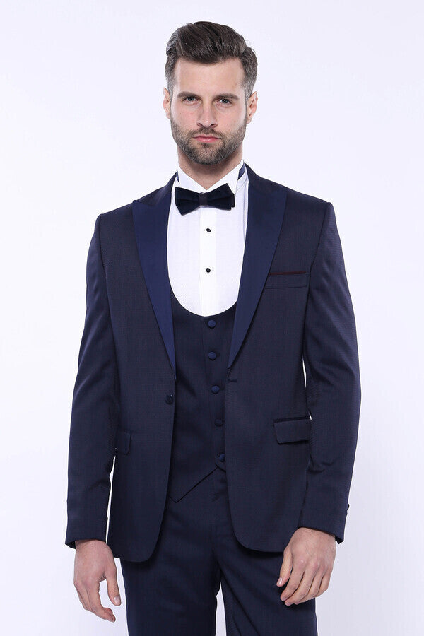 Navy Three-Piece Suit | Detachable Lapel + U-Cut Vest