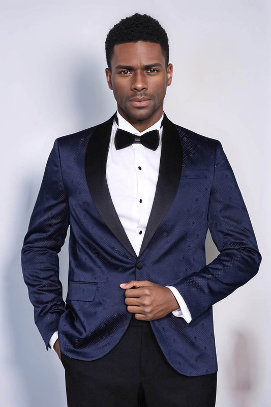 Navy Slim Fit Tuxedo Jacket | Patterned Shawl Lapel