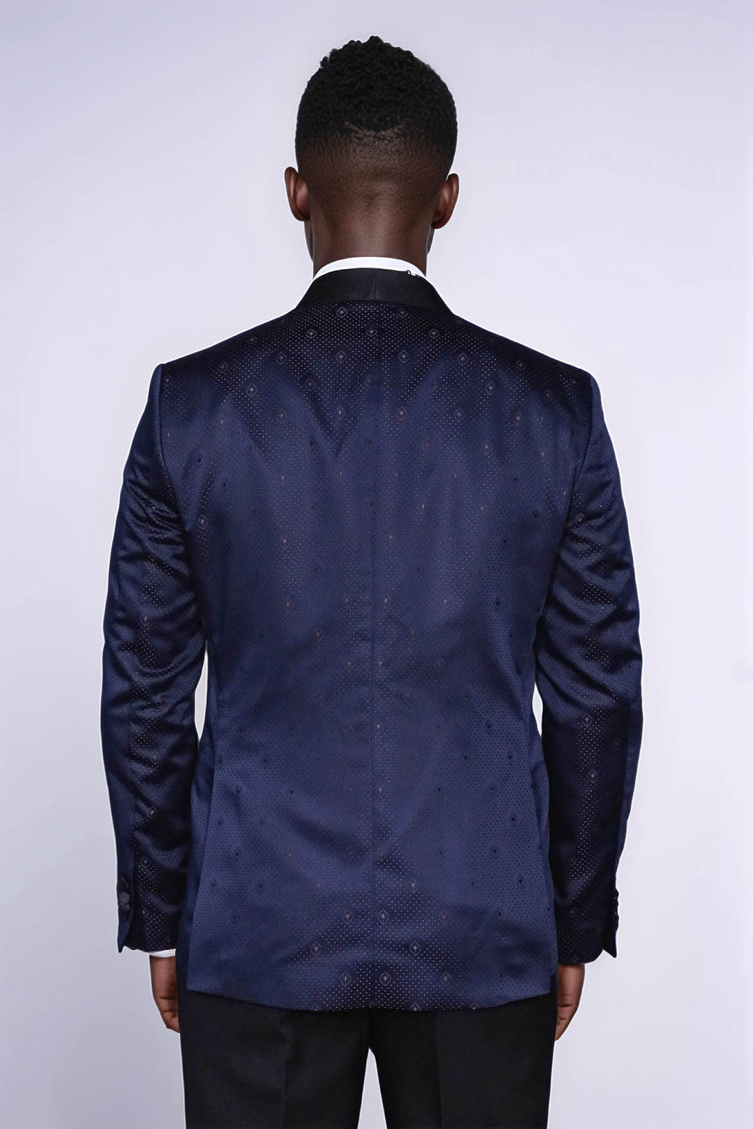 Navy Slim Fit Tuxedo Jacket | Patterned Shawl Lapel