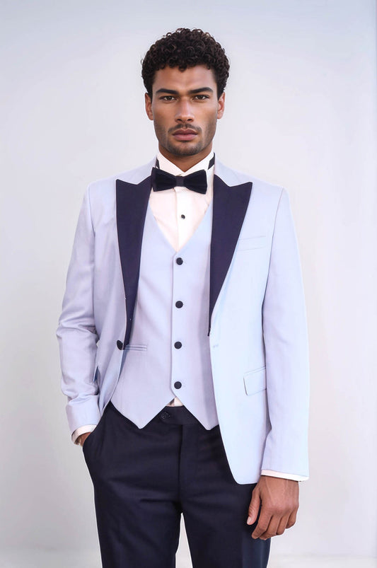Soft Blue Slim Fit Tuxedo Jacket | Navy Contrast Lapel