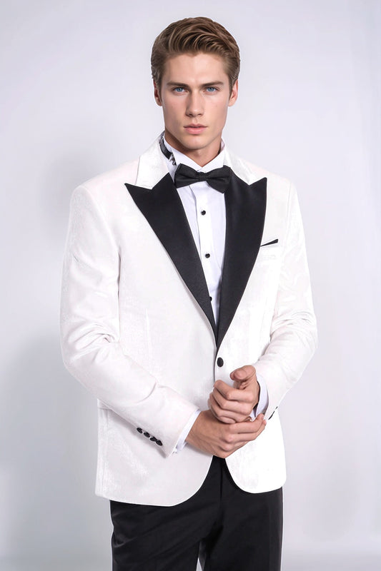 White Slim Fit Tuxedo Jacket | Black Velvet Lapel