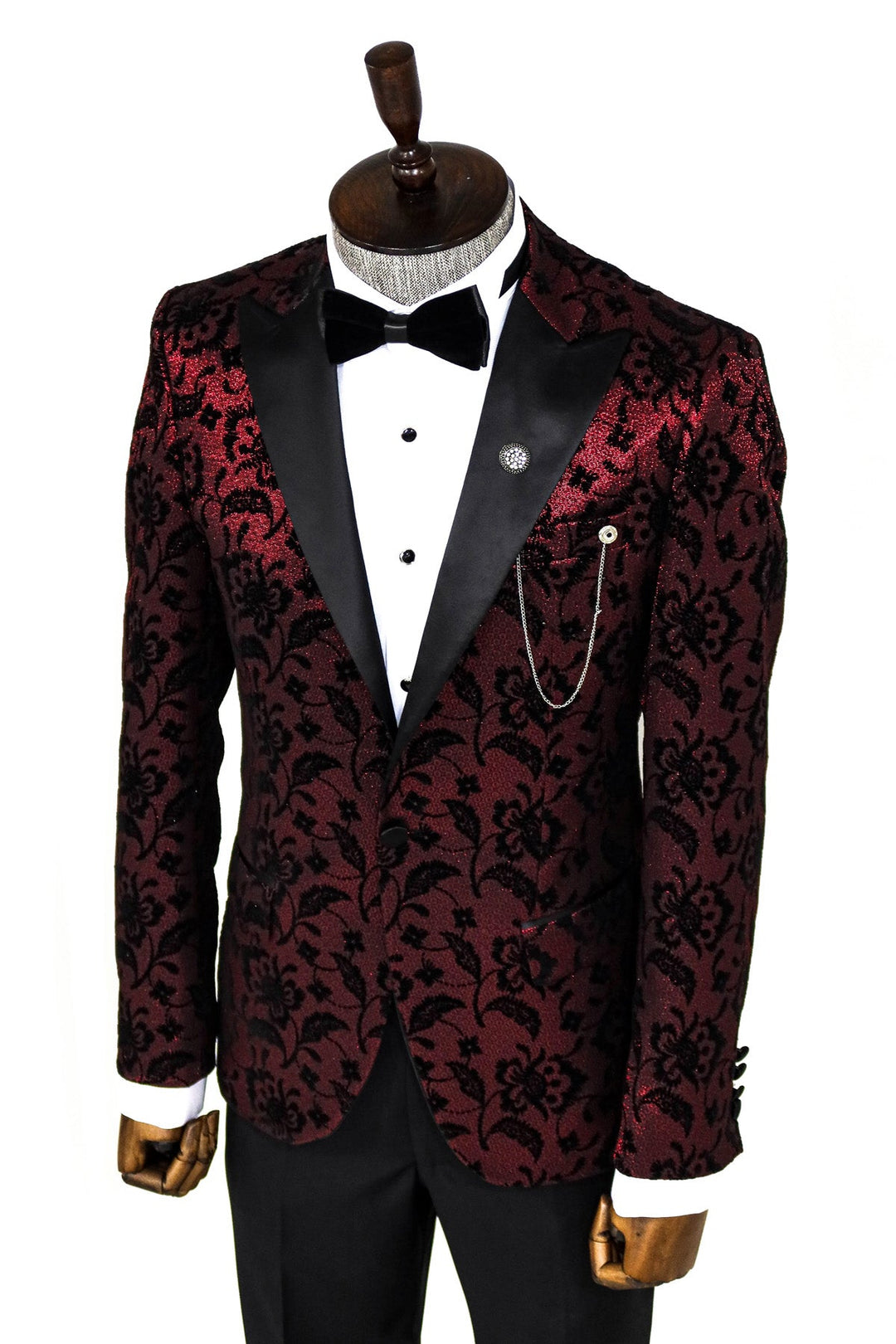 Burgundy Slim Fit Prom Blazer | Velvet Floral Pattern