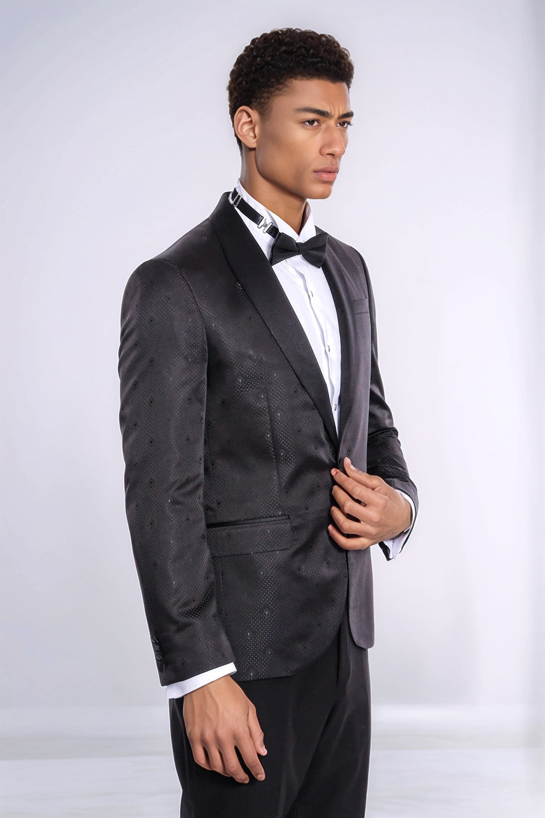 Black Slim Fit Tuxedo Jacket | Subtle Dot Pattern