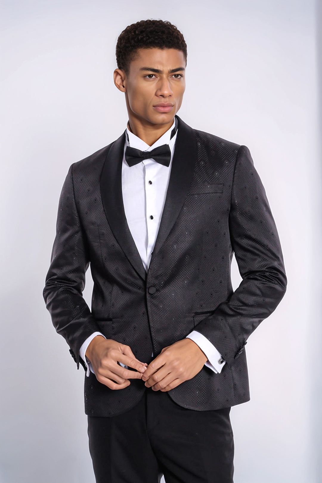 Black Slim Fit Tuxedo Jacket | Subtle Dot Pattern