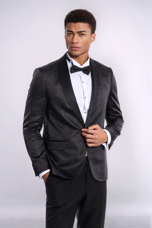Black Slim Fit Tuxedo Jacket | Subtle Dot Pattern