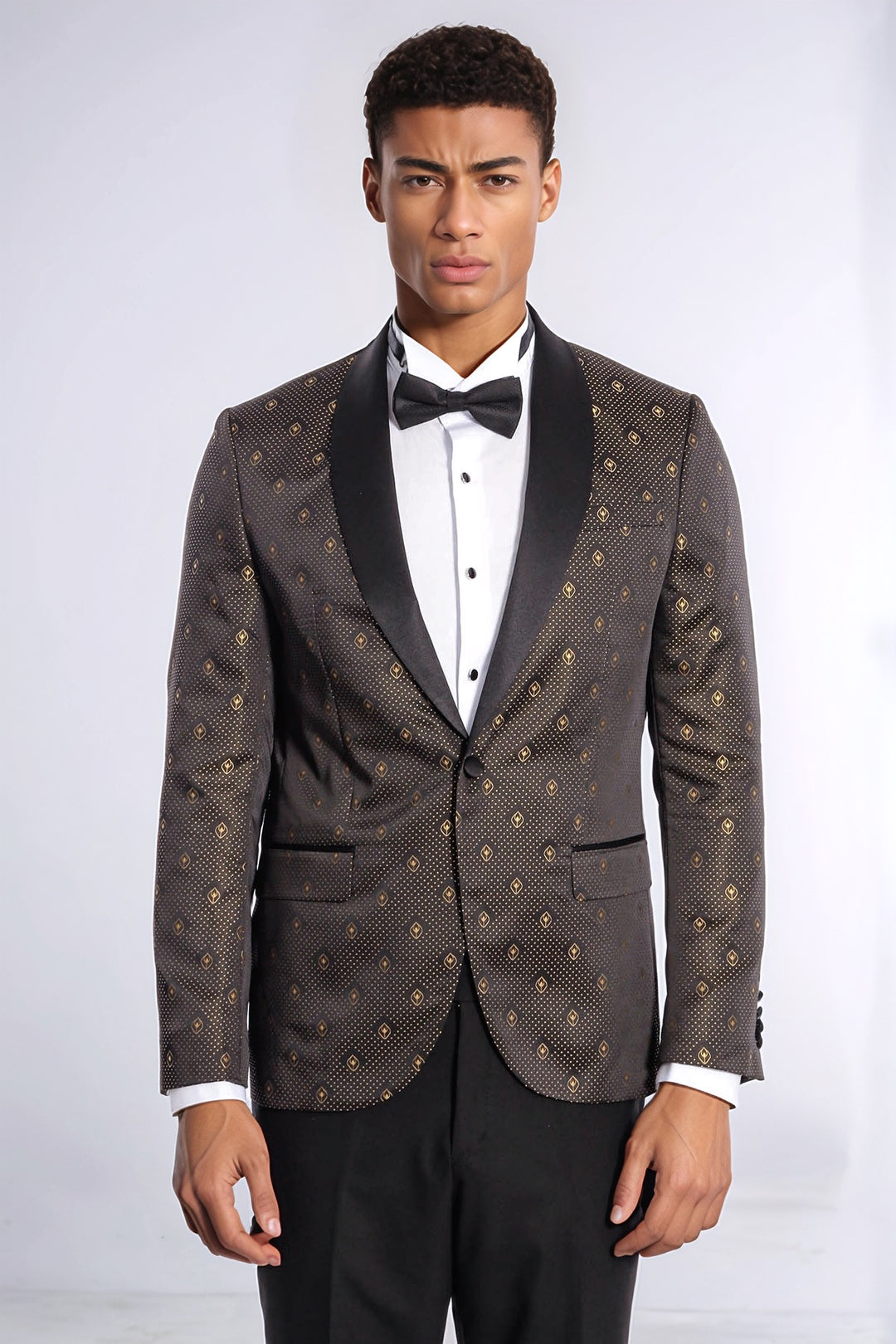 Black Slim Fit Tuxedo Jacket | Gold Dot Pattern