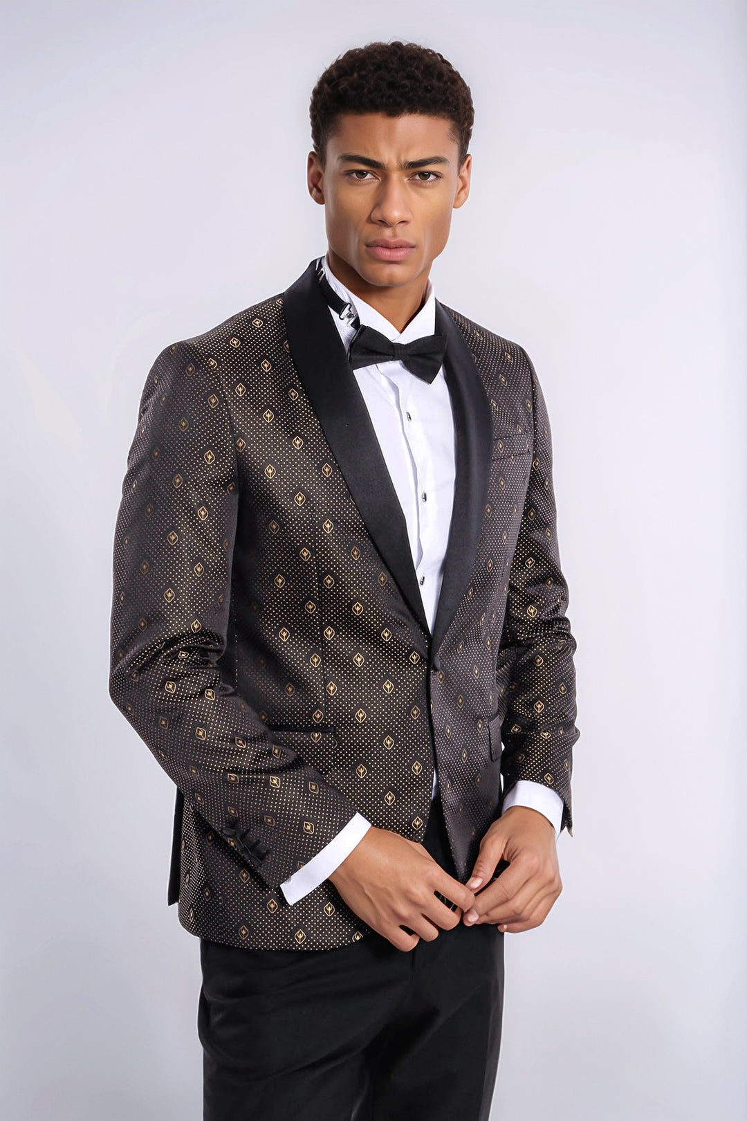 Black Slim Fit Tuxedo Jacket | Gold Dot Pattern