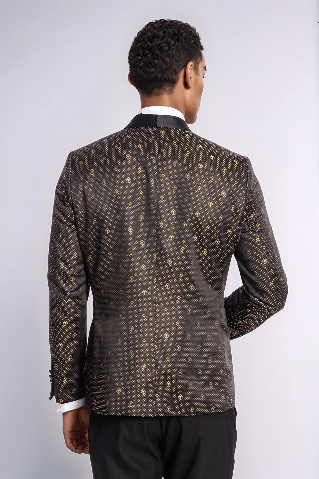 Black Slim Fit Tuxedo Jacket | Gold Dot Pattern