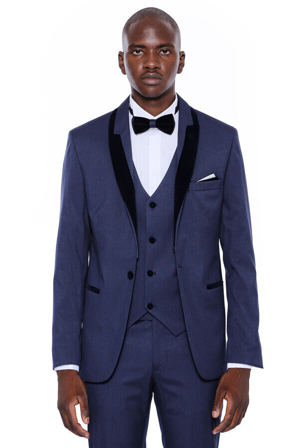 Navy Blue Slim Fit Tuxedo | Patterned Suit