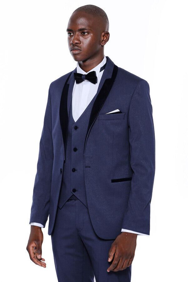Navy Blue Slim Fit Tuxedo | Patterned Suit