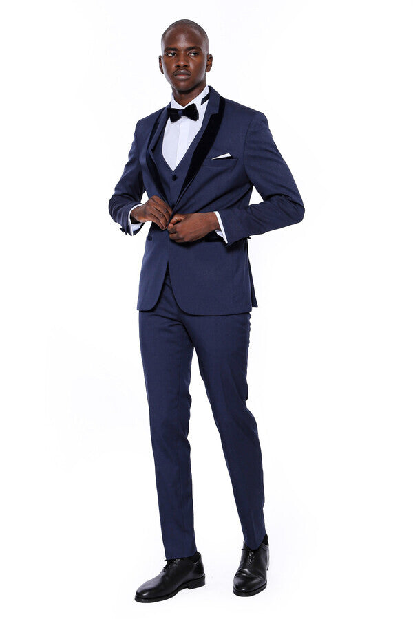Navy Blue Slim Fit Tuxedo | Patterned Suit