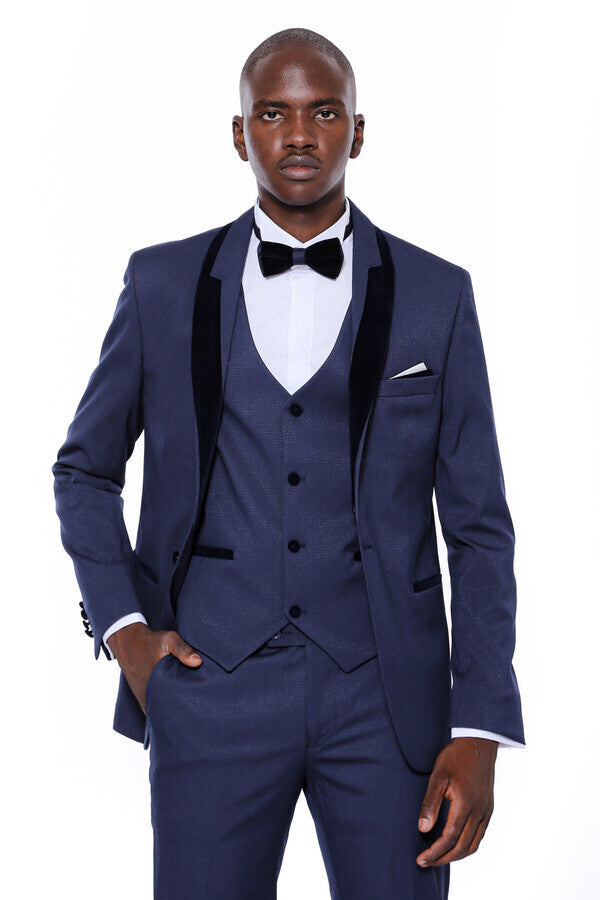 Navy Blue Slim Fit Tuxedo | Patterned Suit