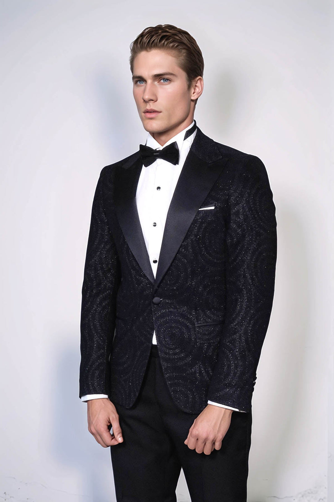 Navy Slim Fit Prom Blazer | Black Textured Overlay