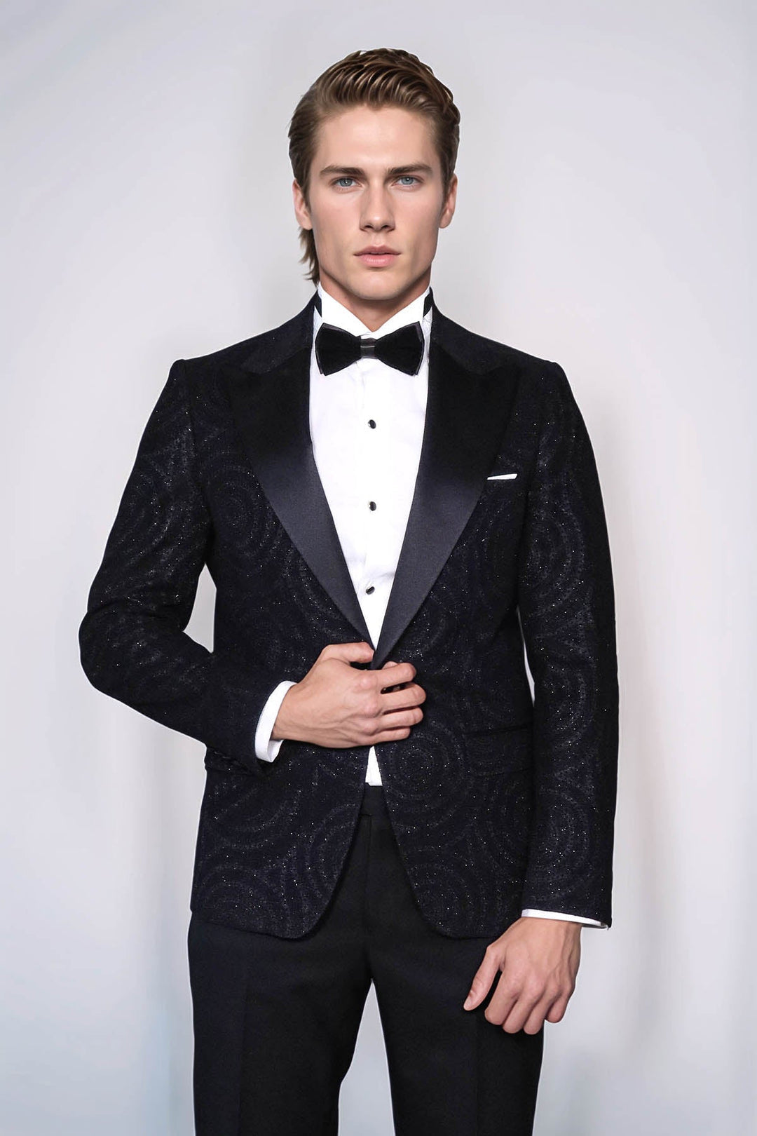 Navy Slim Fit Prom Blazer | Black Textured Overlay