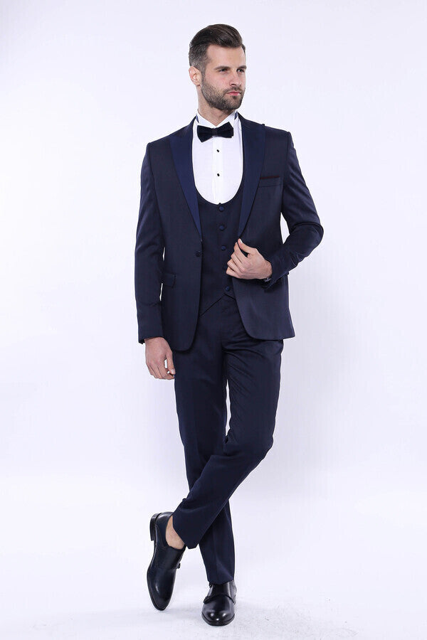 Navy Three-Piece Suit | Detachable Lapel + U-Cut Vest