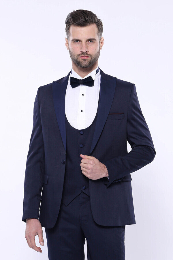 Navy Three-Piece Suit | Detachable Lapel + U-Cut Vest