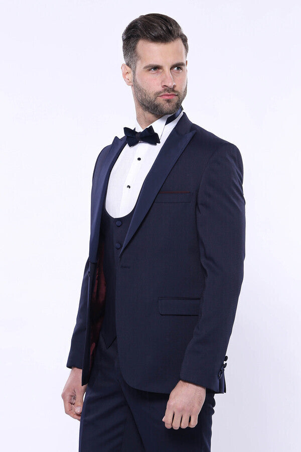 Navy Three-Piece Suit | Detachable Lapel + U-Cut Vest
