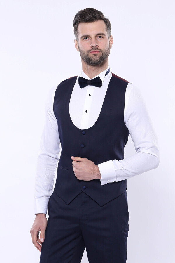 Navy Three-Piece Suit | Detachable Lapel + U-Cut Vest