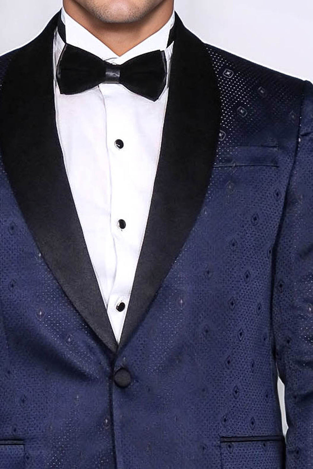 Navy Slim Fit Tuxedo Jacket | Patterned Shawl Lapel