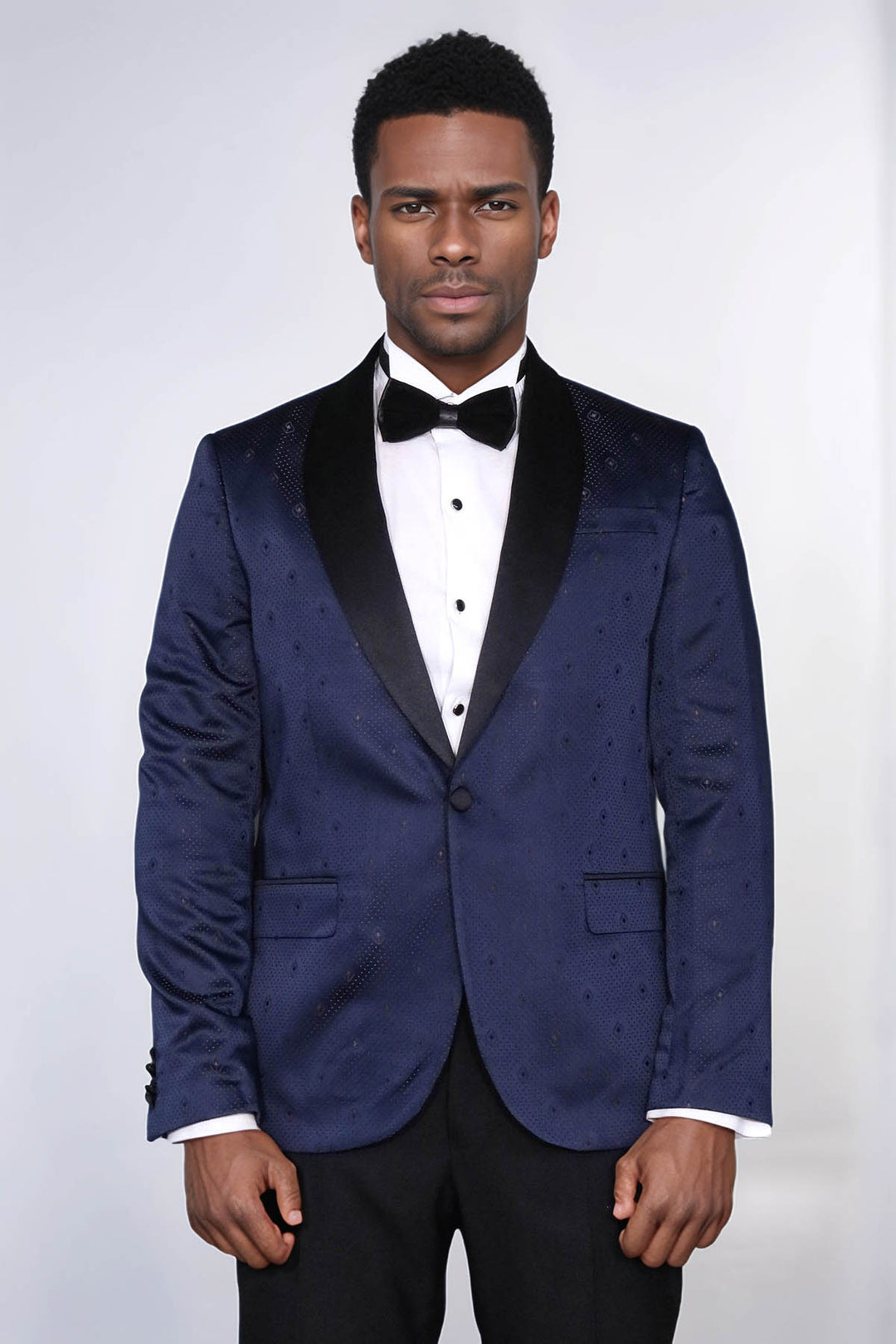 Navy Slim Fit Tuxedo Jacket | Patterned Shawl Lapel