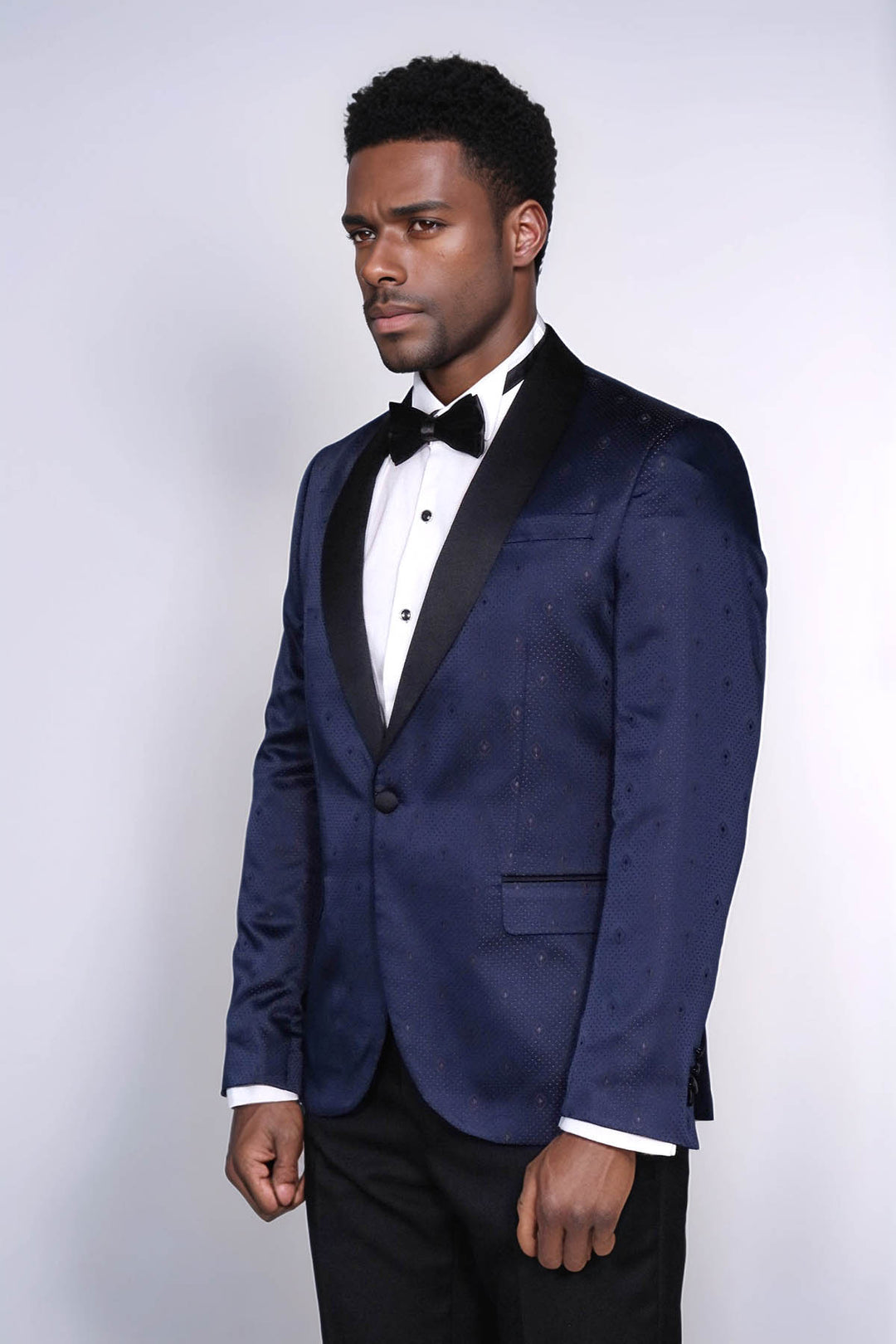 Navy Slim Fit Tuxedo Jacket | Patterned Shawl Lapel