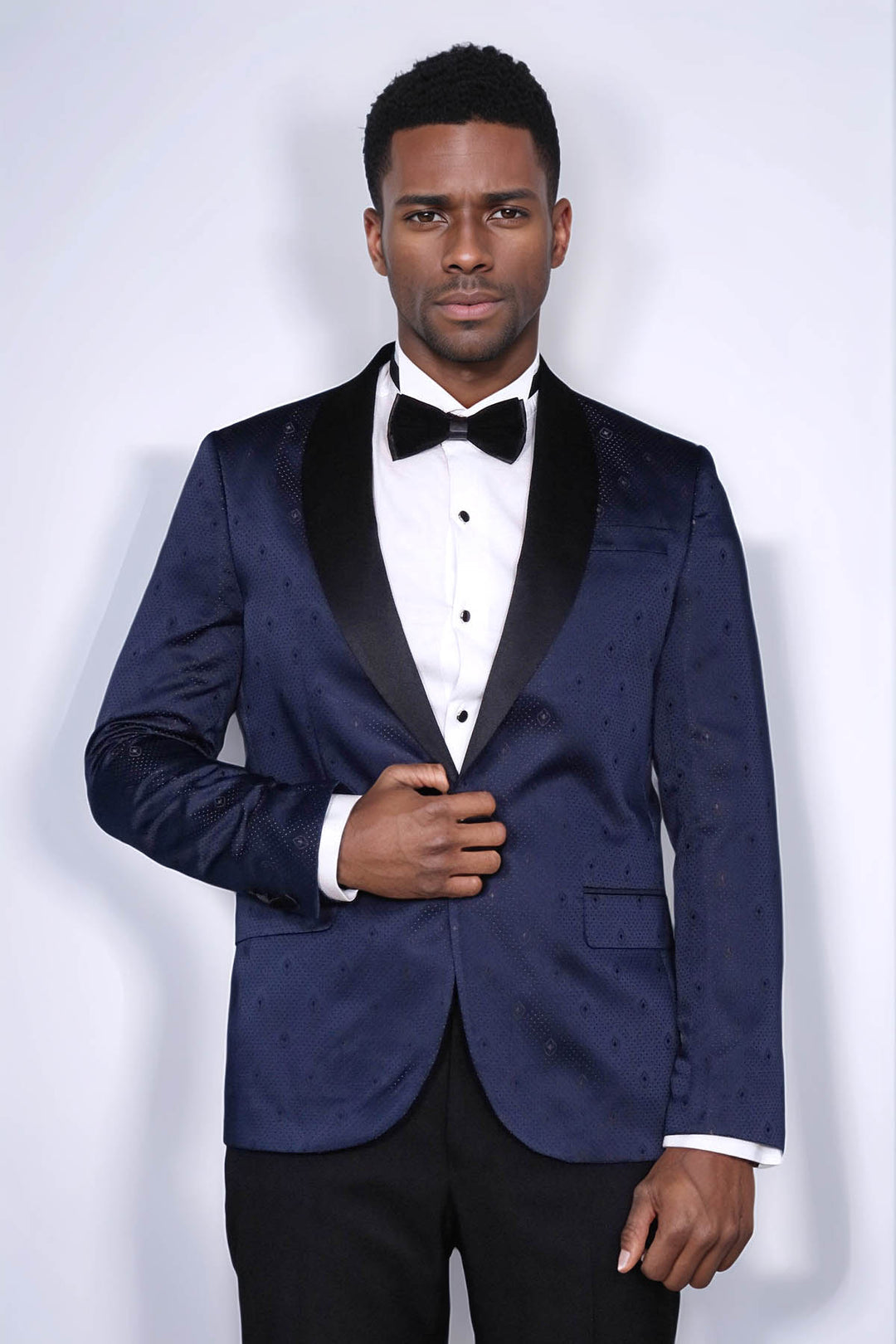 Navy Slim Fit Tuxedo Jacket | Patterned Shawl Lapel