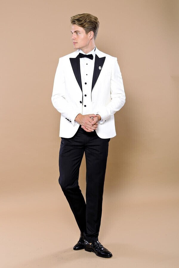 White 3-Piece Tuxedo | Contrast Detailing