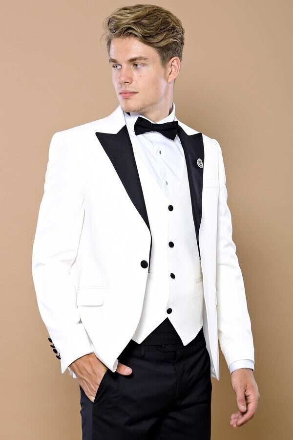 White 3-Piece Tuxedo | Contrast Detailing