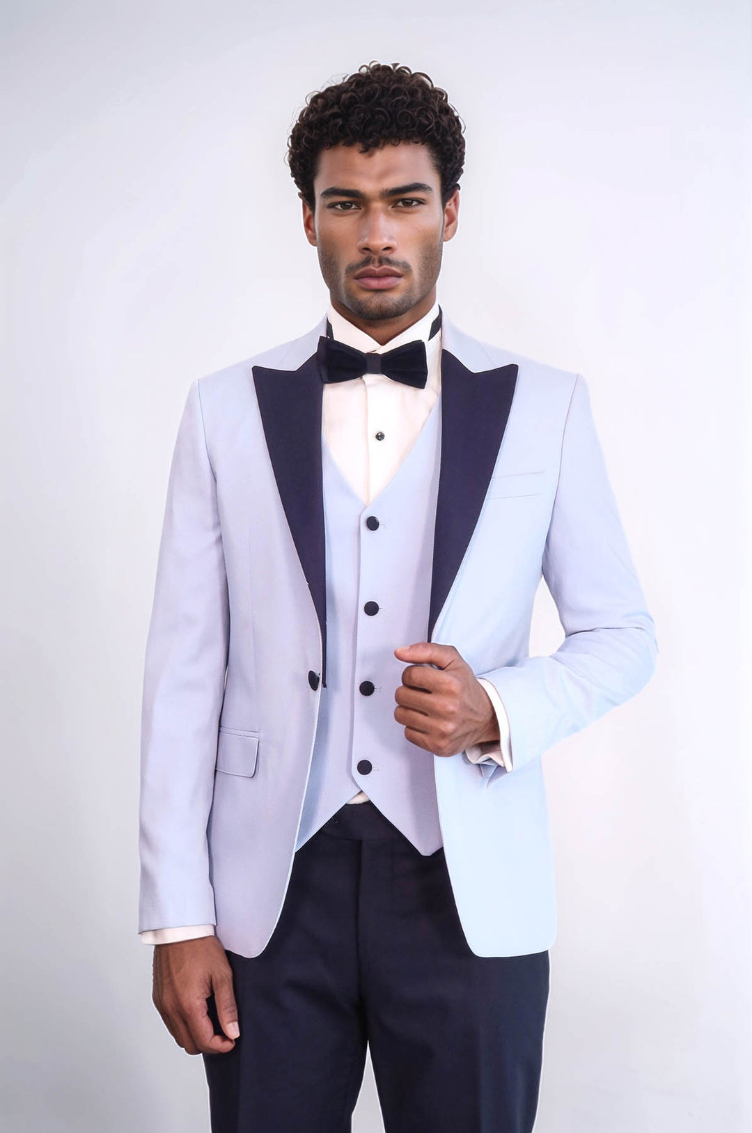 Soft Blue Slim Fit Tuxedo Jacket | Navy Contrast Lapel